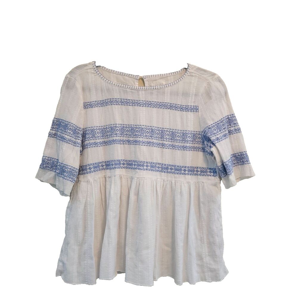 Caslon Babydoll Top Blue Geometric Embroidered Design Women Sz S 100% Cotton